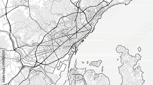 Konstfotografi Minimalist City Map of a Coastal Urban Area, Black and White Vector Illustration