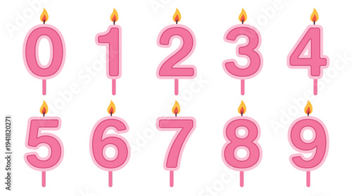 Pink Birthday Cake Number Candles Set from 0 to 9, Realistic Vector Illustration Isolated on White Background for Anniversary and Party Celebration