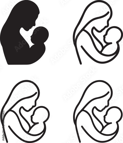 Isolated Mother And Baby Silhouette Icon Design Illustration, Mother And Baby Silhouette icon, Mother And Baby Silhouette vector illustration, maternal bonding concept, family love symbol graphic