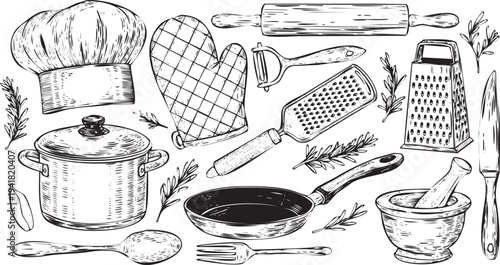Collection of Cooking Utensils and Chef Hat Silhouette Style Kitchenware Elements