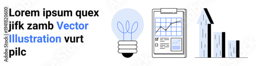 Business strategy, innovation, financial growth, data analysis, economic trends, progress tracking. Lightbulb, graph on clipboard and upward arrow with buildings. Business strategy and innovation