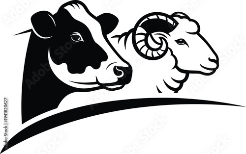 Cow and Ram Silhouette Side by Side Facing Right Livestock Agriculture Farm Animals