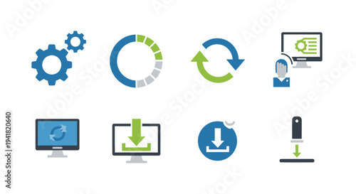 A collection of flat design technology icons representing software updates downloads synchronization and system processes.