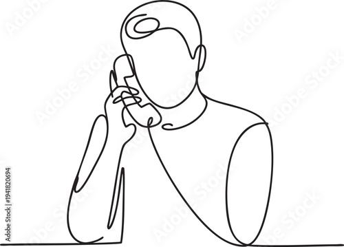 Continuous line art drawing of man talking on retro landline telephone
