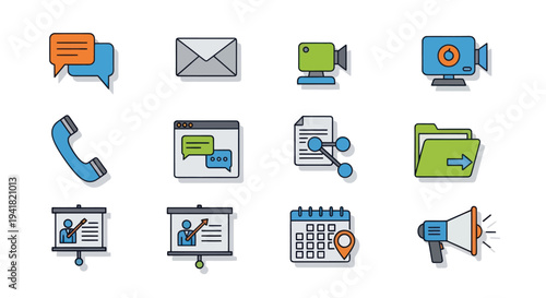 Communication and Business Icon Set: Speech Bubbles Email Video Camera Phone Presentation Calendar Megaphone.