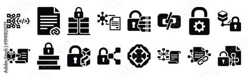 smart contract technology web icon set in silhouette style.