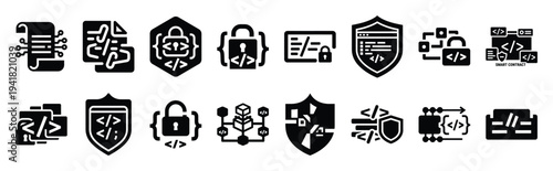 smart contract code technology web icon set in silhouette style.