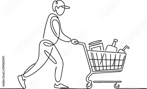 Continuous line drawing of man pushing shopping cart