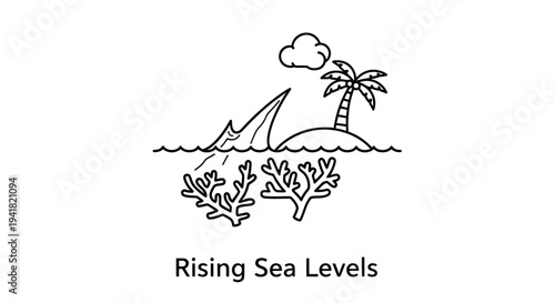 Illustration of rising sea levels impacting a tropical island and coral reef.