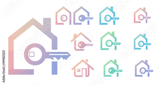 House and Key Icons: Real Estate and Property Concepts with Gradient Colors.