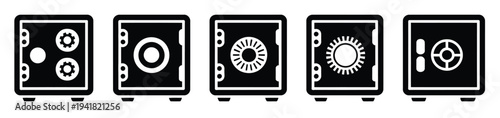 Collection of Safe Vault Silhouette Icon Vector Set, black security illustrations isolated for logo design, featuring bank vaults, safes, and protection symbols ideal for finance, security