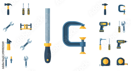 Assortment of hand tools and power tools for construction repair and DIY projects.