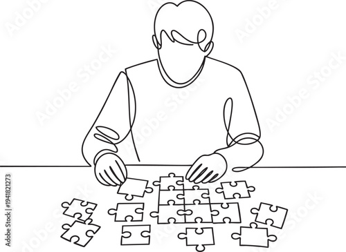 One continuous line drawing of man putting together jigsaw puzzle pieces
