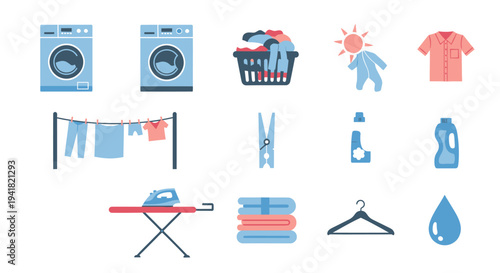 Collection of Laundry Icons: Washing Machines Clothes and Accessories.