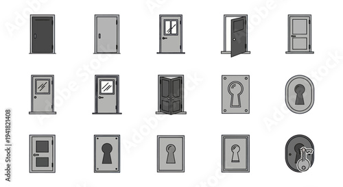 Collection of Various Door and Keyhole Illustrations.