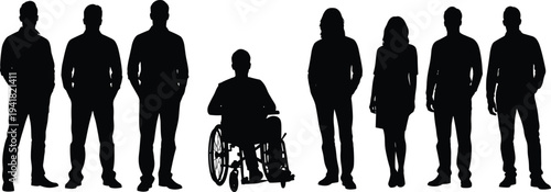 Inclusive silhouettes vector illustration showing diverse people group with wheelchair accessibility, disability representation, diversity concept, equality design, community support graphic