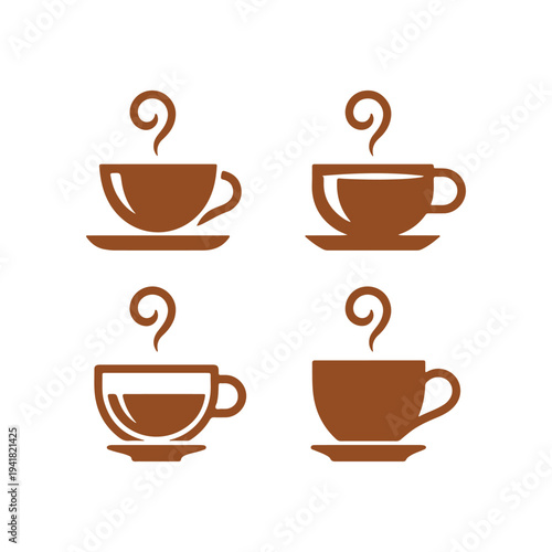 Four simple brown monochrome icons depict steaming hot coffee cups on saucers ready to drink
