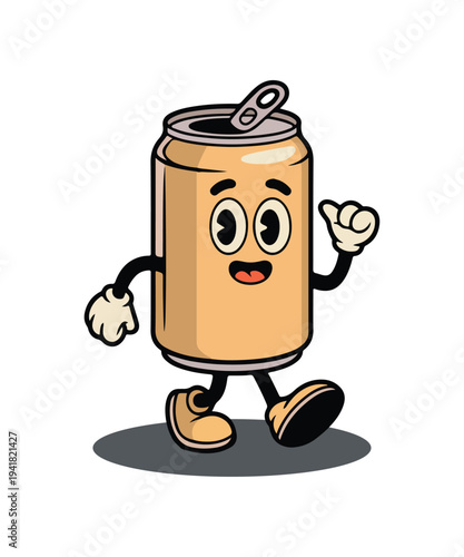 A cheerful brown beverage can cartoon character with a happy face walks and gestures
