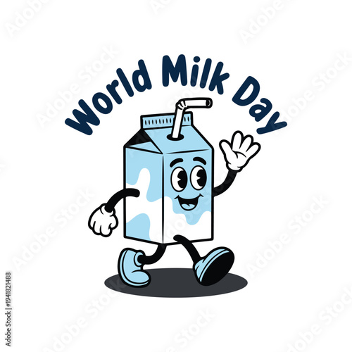 A cheerful milk carton mascot with a straw celebrates World Milk Day on a white background
