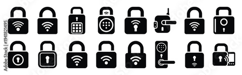 smart lock technology web icon set in silhouette style.