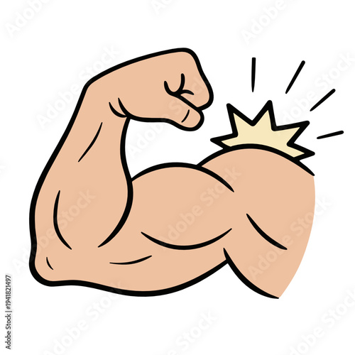 Dynamic vector of a muscular flexed arm with a starburst impact near the biceps. Concept of strength, effort, strain, injury awareness, workout intensity and body power.