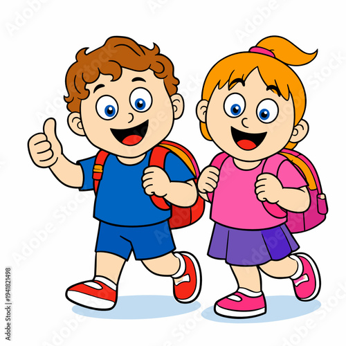 Happy schoolboy and schoolgirl walk side by side with backpacks and thumbs up smiles. Friendly back to school scene conveys friendship, education, confidence and active childhood.
