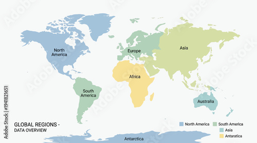 World Map Infographic Showing Global Regions and Continents with Color Coding for Data Overview