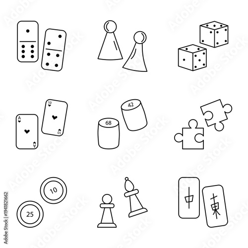 Set of vector linear black and white icons of board game elements