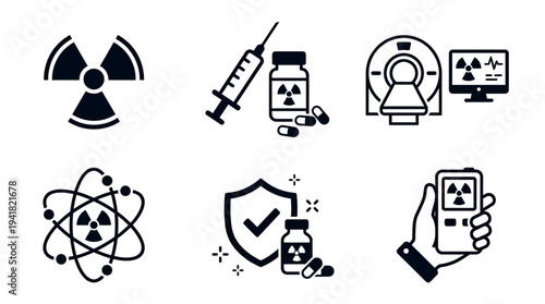 Nuclear Medicine and Radiology Icon Set Featuring Radiation Symbol, MRI Scanner, Medical Isotopes, Geiger Counter, and Safety Protection Symbols on White Background