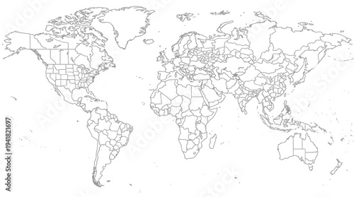 Minimalist World Map Outline with Detailed Country and State Borders, Black and White Vector Illustration for Education and Coloring