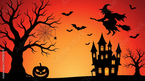 Halloween Night Silhouette Illustration with Flying Witch on Broomstick, Haunted Castle, Spooky Tree, Bats, and Jack-o'-Lantern Pumpkin on Vibrant Orange Background
