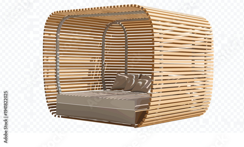 Modern wooden lounge pod with cushioned seating, contemporary outdoor furniture design, stylish architectural relaxation space for resorts, gardens, patios, luxury interiors