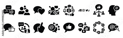 social media technology web icon set in silhouette style.