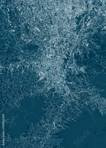 This is a stylized, dark blue map of the city of Bogor, Indonesia. The map displays a dense network of roads and urban areas in a lighter blue and white, contrasting with the deep blue background.