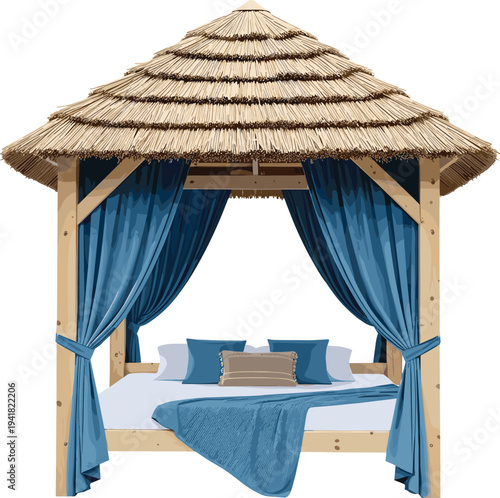 Luxury tropical canopy bed illustration with thatched roof, blue curtains, pillows, outdoor resort furniture design for vacation, travel, relaxation, island, art