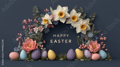 An Easter wreath with colorful eggs and flowers on a dark background. The bright flowers frame the gold text 