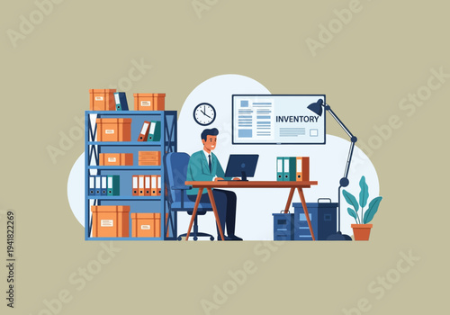 Vector Ilustration Flat Design Idea Man working on computer in inventory management office.