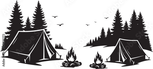 Camping in the woods with tents and fire