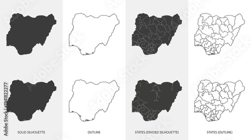 Nigeria Map Vector Collection: Solid Silhouette, Outline, and Administrative States Versions