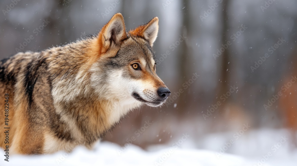 Naklejka premium Wolf in the Snowy Tundra During a Blizzard with Falling Snowflakes