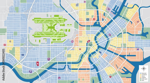 Abstract City Map Vector Illustration with Airport, River, and Urban Infrastructure Icons for Navigation and Planning