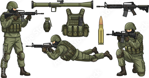 Armed soldiers combat stance silhouette illustration, military equipment artwork, tactical gear vector design, black and white modern infantry drawing