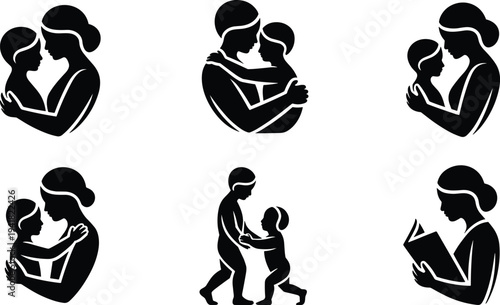 Mother and child silhouette set, parenting love icons, family care moments collection, maternal affection symbols, motherhood vector illustration isolated