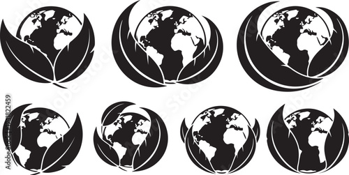 Earth surrounded by leaves in black and white icons