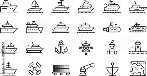 Collection of black and white nautical including ships, boats, and maritime symbols