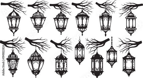 Black and white lanterns hanging from tree branches illustration
