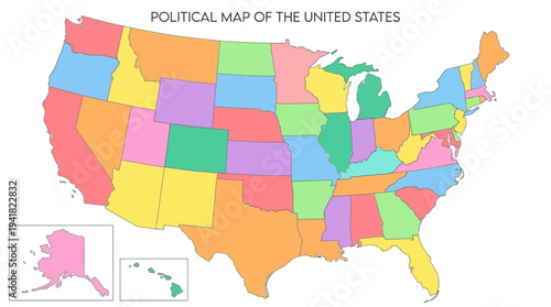 Colorful Political Map of the United States with Alaska and Hawaii - USA Geography Illustration