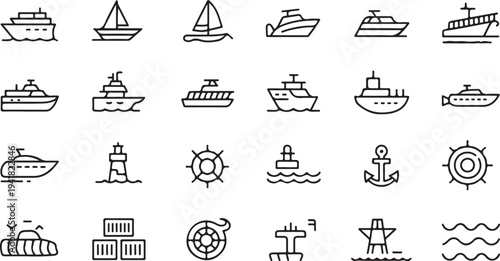 Collection of black and white nautical including various boats, ships, and maritime symbols