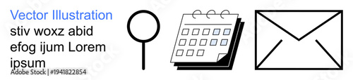 Business strategy, scheduling, organization, communication, email marketing, search concepts. Magnifying glass, calendar and envelope icons in a minimal design. Business strategy and scheduling