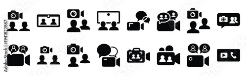 video call technology web icon set in silhouette style.